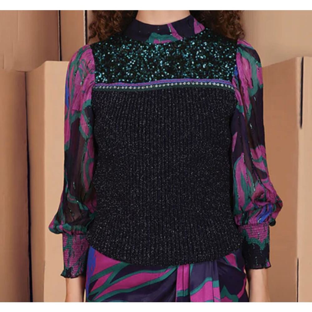 Anthropologie BLNK NEW Johana Top XS Blue Sequin Purple‎ Green Artsy Art To Wear